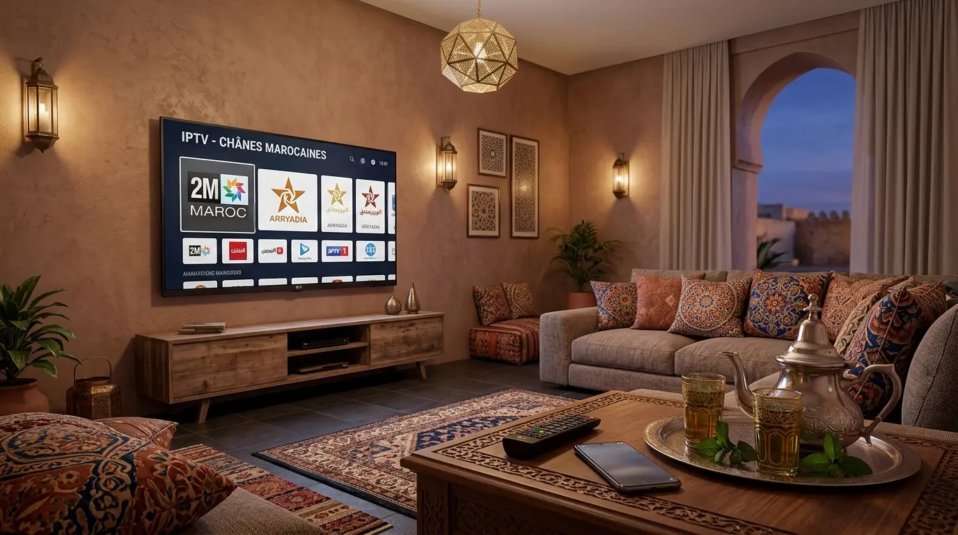 Salon marocain moderne avec télévision affichant les meilleures applications IPTV 2026 pour regarder les chaînes locales en streaming HD